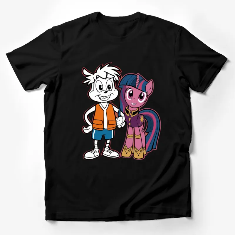 Cartoon Boy and Unicorn Pony T-Shirt, Colorful Graphic Tee for Kids, Fun Casual Wear Male T-Shirt