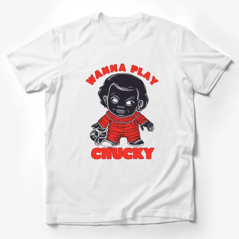 Chucky Horror Movie T-Shirt, Scary Doll Graphic Tee, Thriller Character Apparel, Bold Red and Black Male T-Shirt