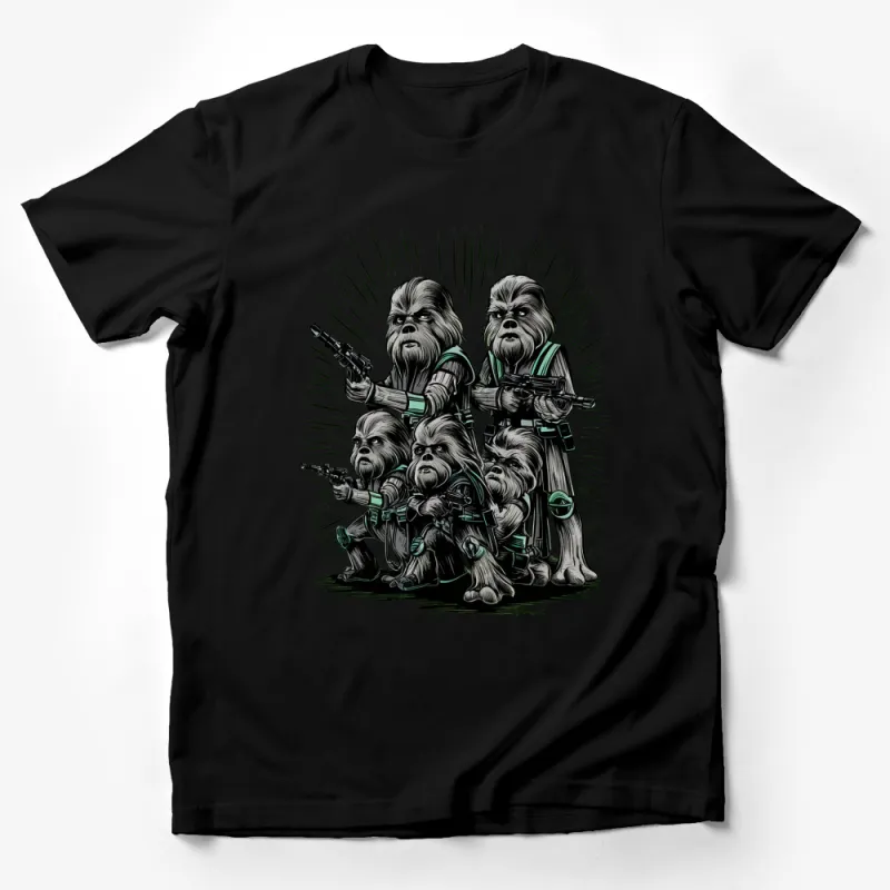 Sci-Fi Warrior Family Graphic Tee, Green and Black Illustration, Unique Alien Characters T-Shirt Male T-Shirt