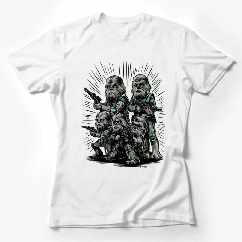 Sci-Fi Warrior Family Graphic Tee, Green and Black Illustration, Unique Alien Characters T-Shirt Female T-Shirt