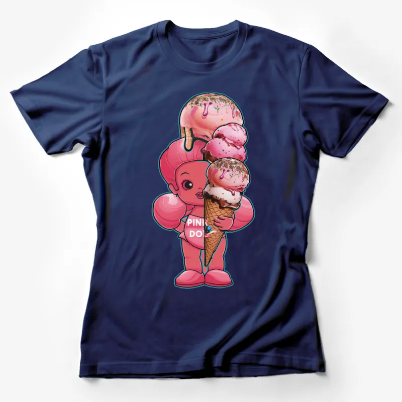 Cute Pink Ice Cream Character T-Shirt, Kids and Adults Fun Cartoon Tee Female T-Shirt