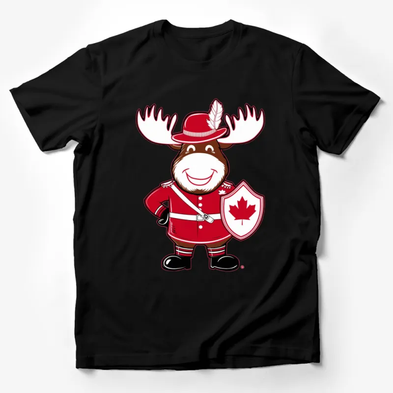 Canadian Moose Cartoon Character T-Shirt, Cute Moose in Mountie Uniform, Red Kids and Adult Sizes Male T-Shirt