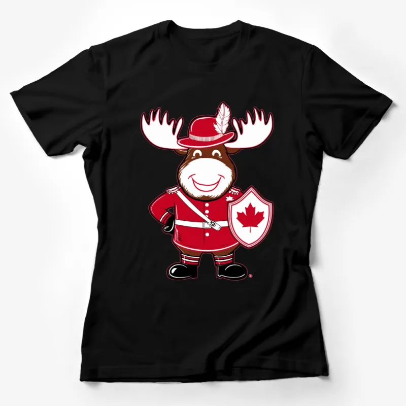 Canadian Moose Cartoon Character T-Shirt, Cute Moose in Mountie Uniform, Red Kids and Adult Sizes Female T-Shirt