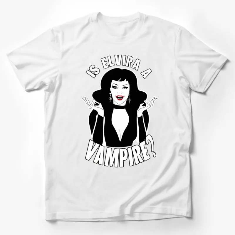 Elvira Vampire Question Graphic Tee, Unique Pop Culture Shirt, Black and White T-Shirt Design Male T-Shirt