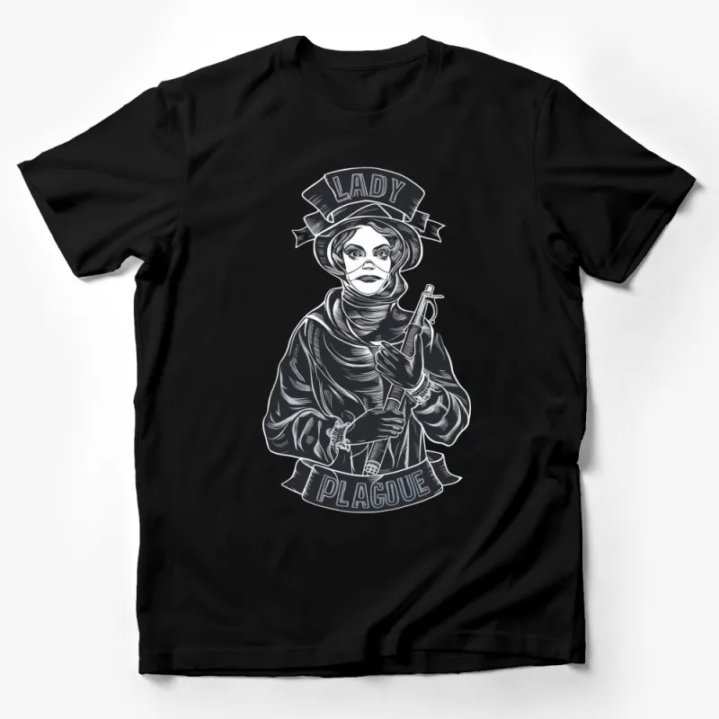 Lady Plague Doctor T-Shirt, Gothic Black and White Apparel, Vintage Style Plague Doctor Design Tee, Unique Graphic Shirt Male T-Shirt