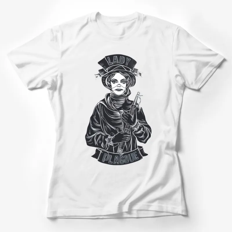 Lady Plague Doctor T-Shirt, Gothic Black and White Apparel, Vintage Style Plague Doctor Design Tee, Unique Graphic Shirt Female T-Shirt