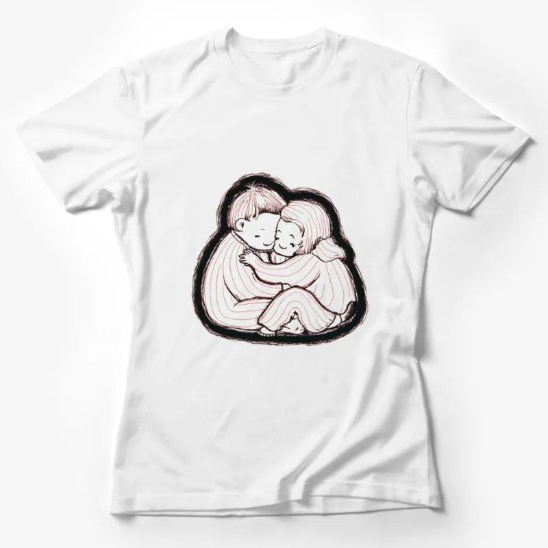 Loving Hug Illustration T-Shirt, Couple Embrace Sketch Tee, Soft Minimal Line Art, Romantic Gift Female T-Shirt