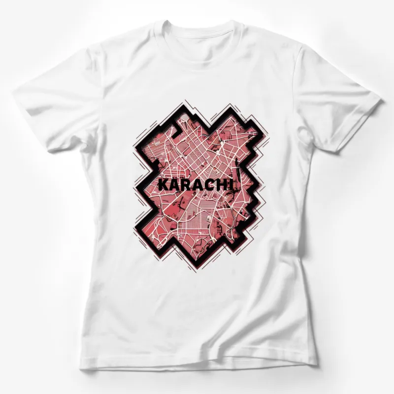 Karachi City Map Graphic T-Shirt, Unique Urban Red and Black Tee, Stylish Geometric Border Design Female T-Shirt