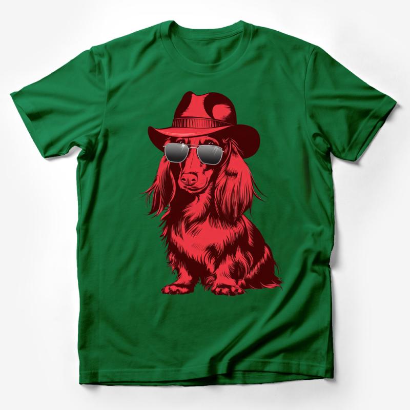 Red Dachshund Dog T-Shirt with Sunglasses and Hat, Cool Pet Lover Tee, Unisex Fashion Top, Hipster Animal Graphic Shirt Male T-Shirt