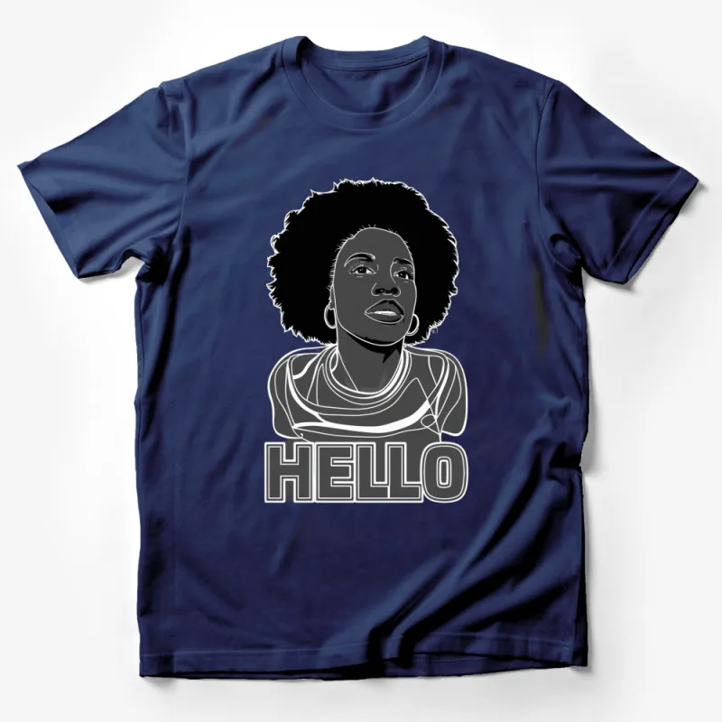 Hello Graphic T-Shirt, Afro Woman Portrait with Retro Text, Stylish Black and White Tee, Unique Artwork Design, Feminine Fashion Top Male T-Shirt