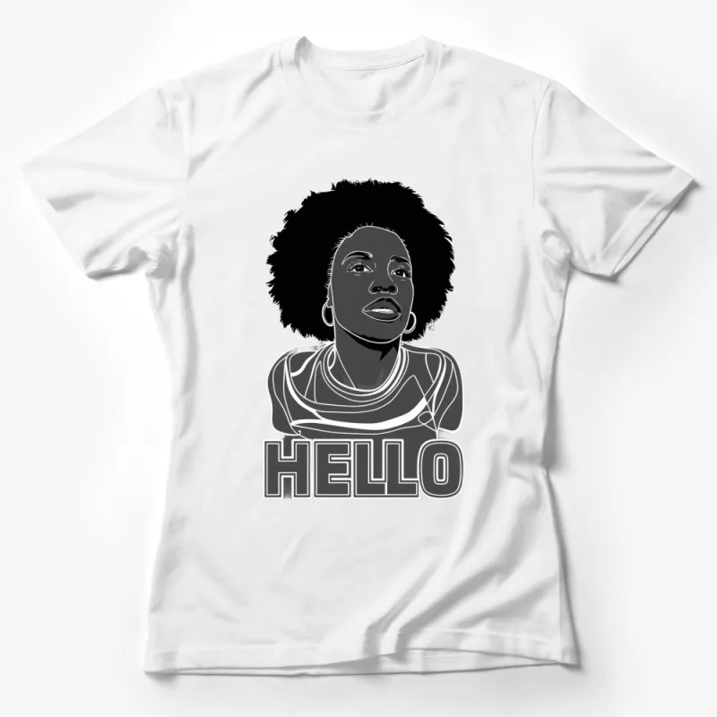 Hello Graphic T-Shirt, Afro Woman Portrait with Retro Text, Stylish Black and White Tee, Unique Artwork Design, Feminine Fashion Top Female T-Shirt