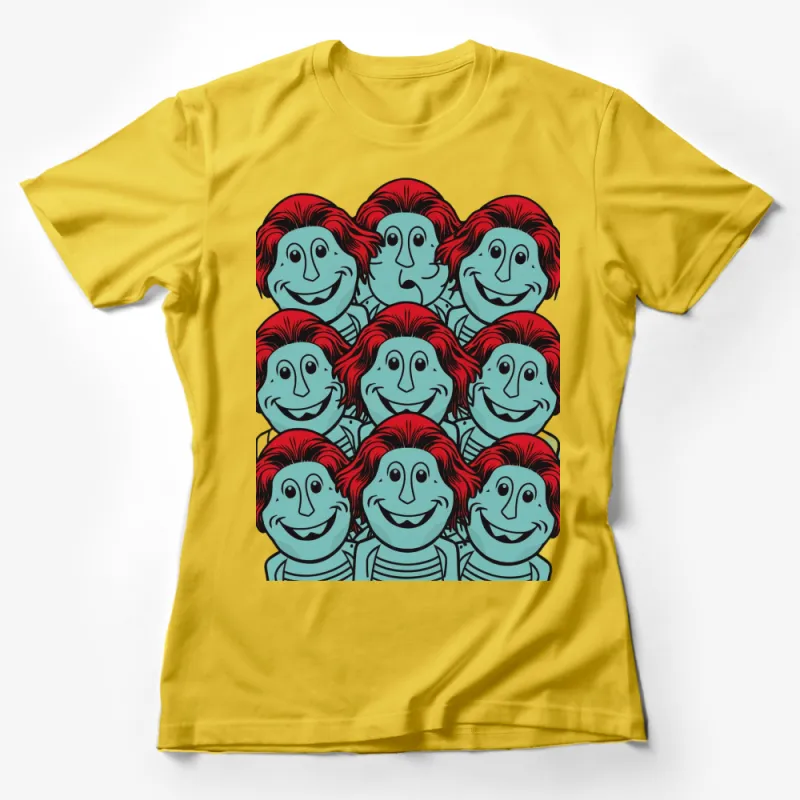 Funky Face Pattern T-Shirt, Red Hair Cartoon Faces, Unisex Graphic Tee Female T-Shirt