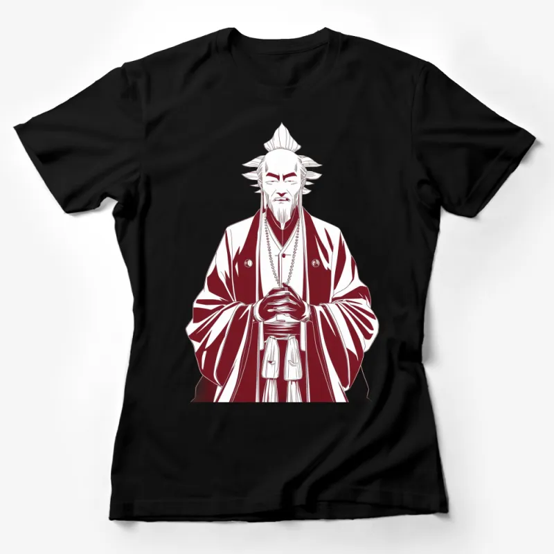 Traditional Japanese Monk Design T-Shirt, Red and White, Cultural Artistic Apparel, Unisex Female T-Shirt