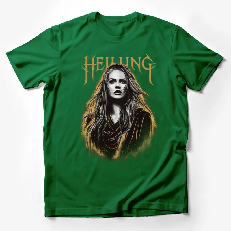 Viking Warrior Woman T-Shirt, Gold and Black Graphic Tee, Norse Mythology Inspired, Heilung Female Portrait, Fashionable Women's Apparel Male T-Shirt