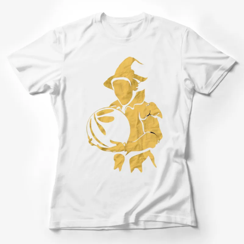 Witch Silhouette Gold Print T-Shirt, Halloween Costume Tee, Magical Fantasy Apparel, Witchcraft Shirt for Women and Men Female T-Shirt