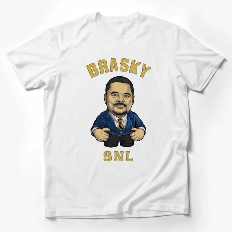 Brasky SNL Inspired T-Shirt, Funny Caricature Graphic Tee, Bold Yellow Text Male T-Shirt