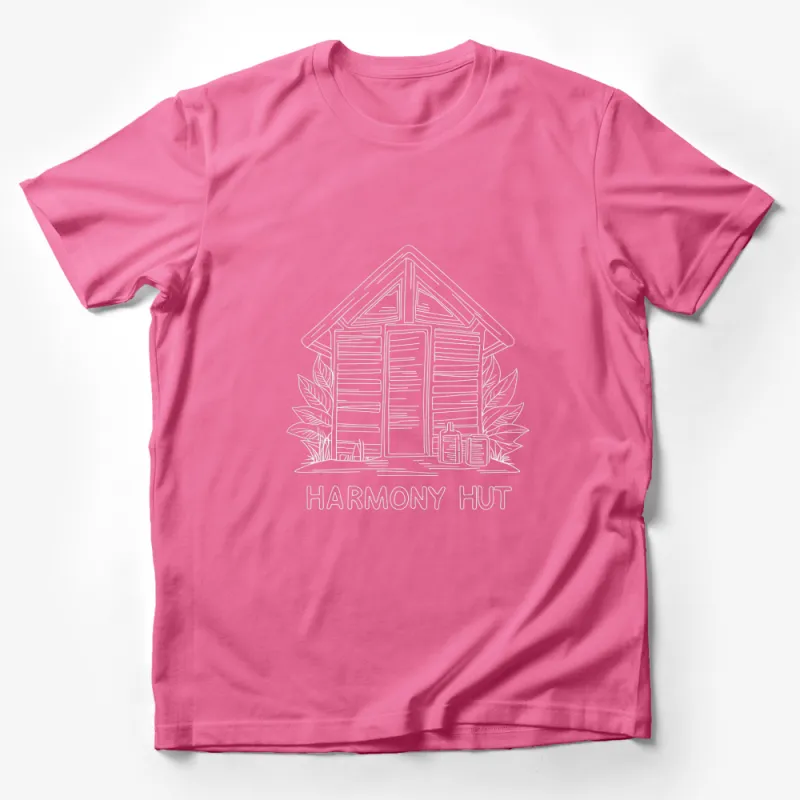 Harmony Hut Cozy Cabin Design T-Shirt, Minimalist White Line Art, Nature Inspired Casual Wear Male T-Shirt