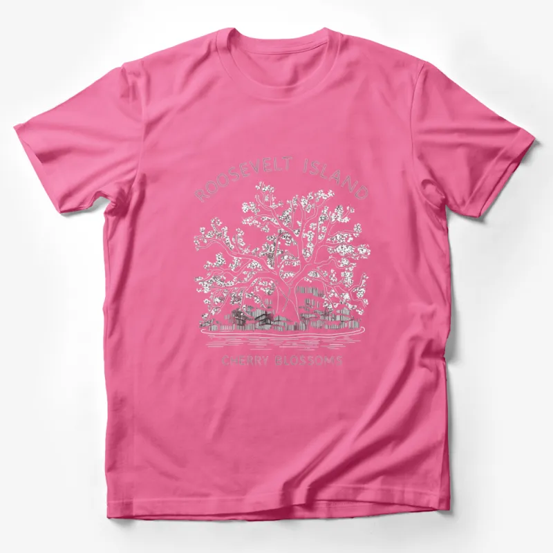 Roosevelt Island Cherry Blossoms T-Shirt, New York City Souvenir, White Tee with Elegant Floral Art Male T-Shirt