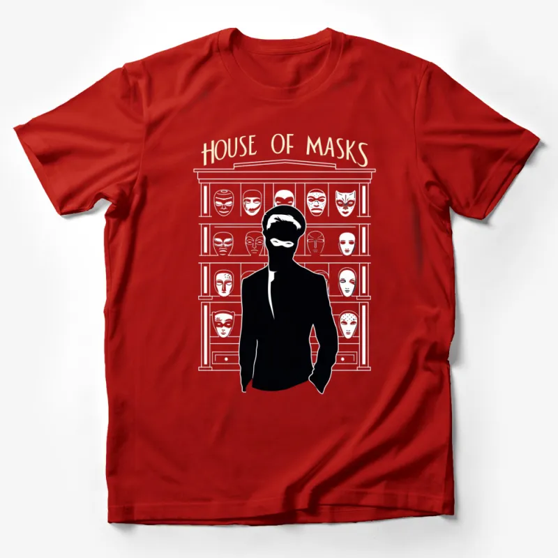 House of Masks T-Shirt, Mysterious Silhouette Art Tee, Unique Mask Display Design, Unisex Fashion Male T-Shirt