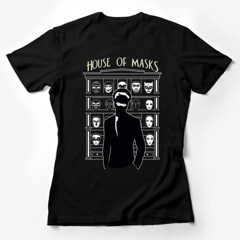 House of Masks T-Shirt, Mysterious Silhouette Art Tee, Unique Mask Display Design, Unisex Fashion Female T-Shirt