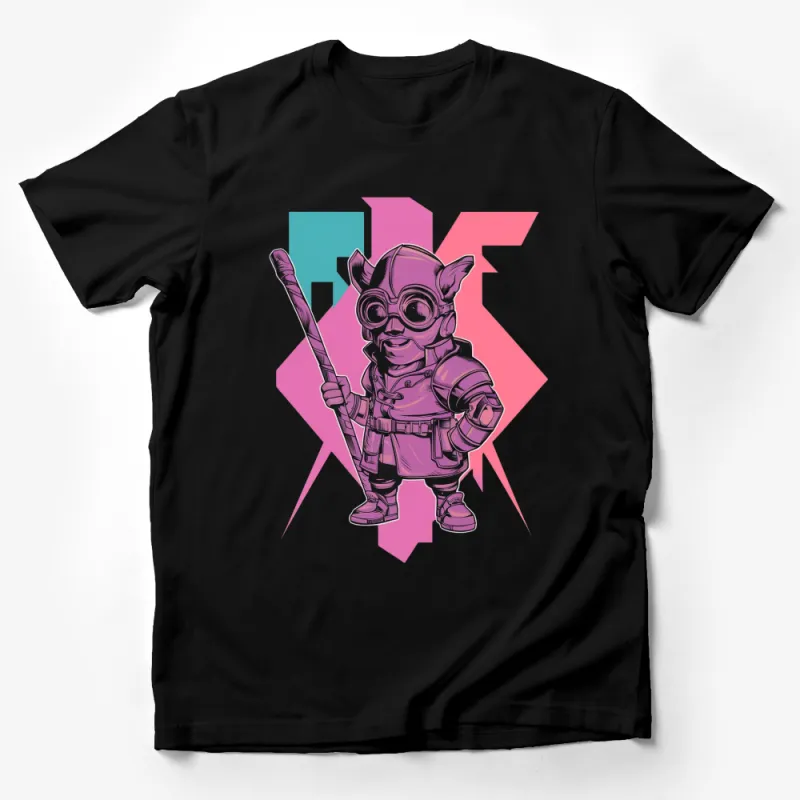 Retro Galactic Pilot Character T-Shirt, Unique Sci-Fi Graphic Tee, Bold Pink and Blue Colors Male T-Shirt