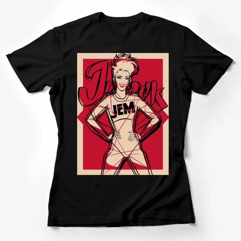 Jem Inspired Retro Graphic T-Shirt, Vintage 80s Style Cartoon Rock Tee, Unique Pop Culture Apparel, Bold Red and White Female T-Shirt