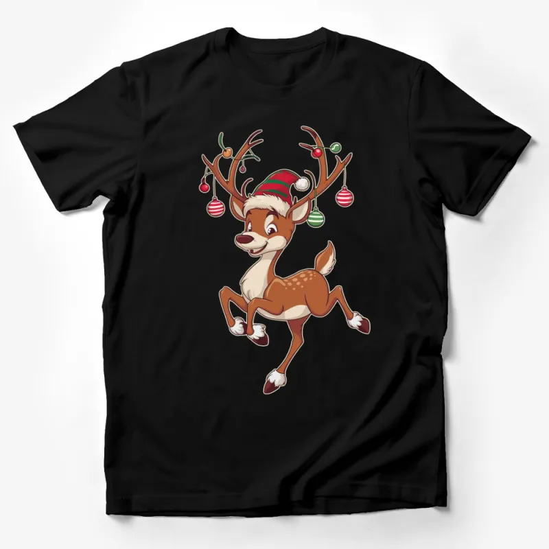 Festive Reindeer T-Shirt, Christmas Reindeer with Lights and Hat, Holiday Graphic Tee for Family Male T-Shirt