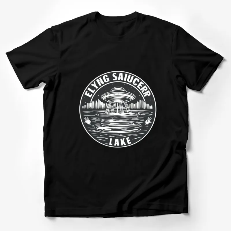 Vintage Flying Saucer Lake Graphic T-Shirt, UFO Alien Encounter Tee, Retro Sci-Fi Design, Unisex Casual Wear Male T-Shirt