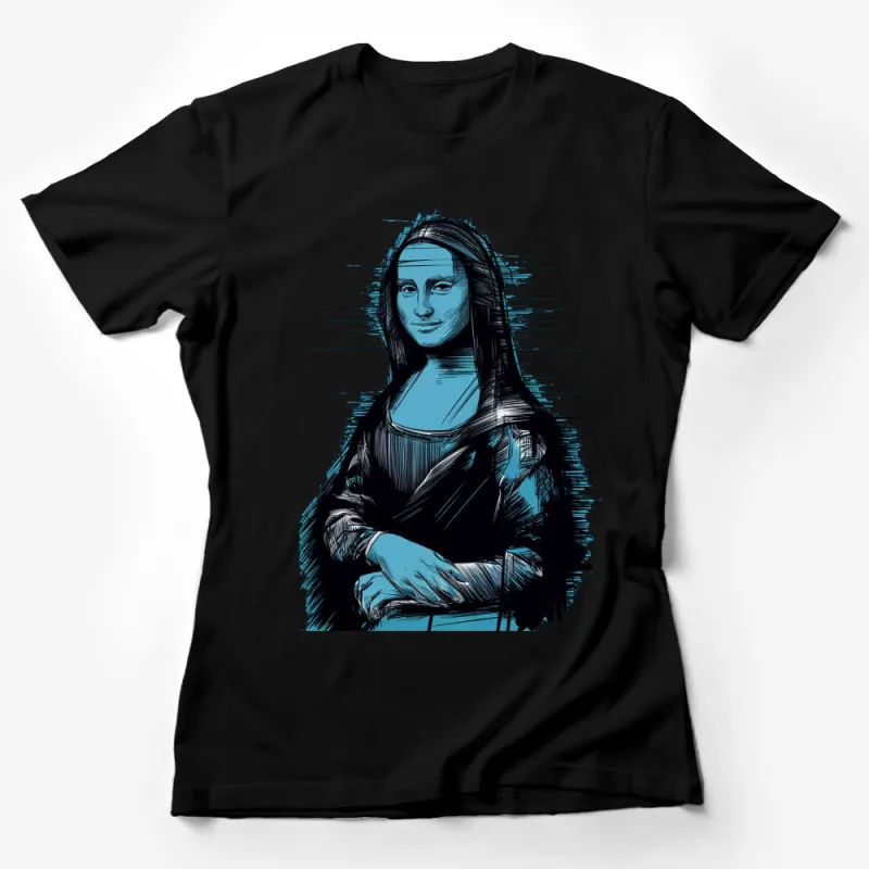 Mona Lisa Sketch Art T-Shirt, Cool Blue Modern Artwork Tee, Classic Painting Inspired Fashion Female T-Shirt