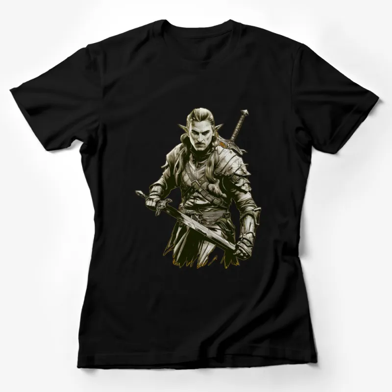 Fantasy Elf Warrior T-Shirt, Men's Graphic Tee, Fantasy Art, Medieval Clothing, Sword and Armor Design Female T-Shirt