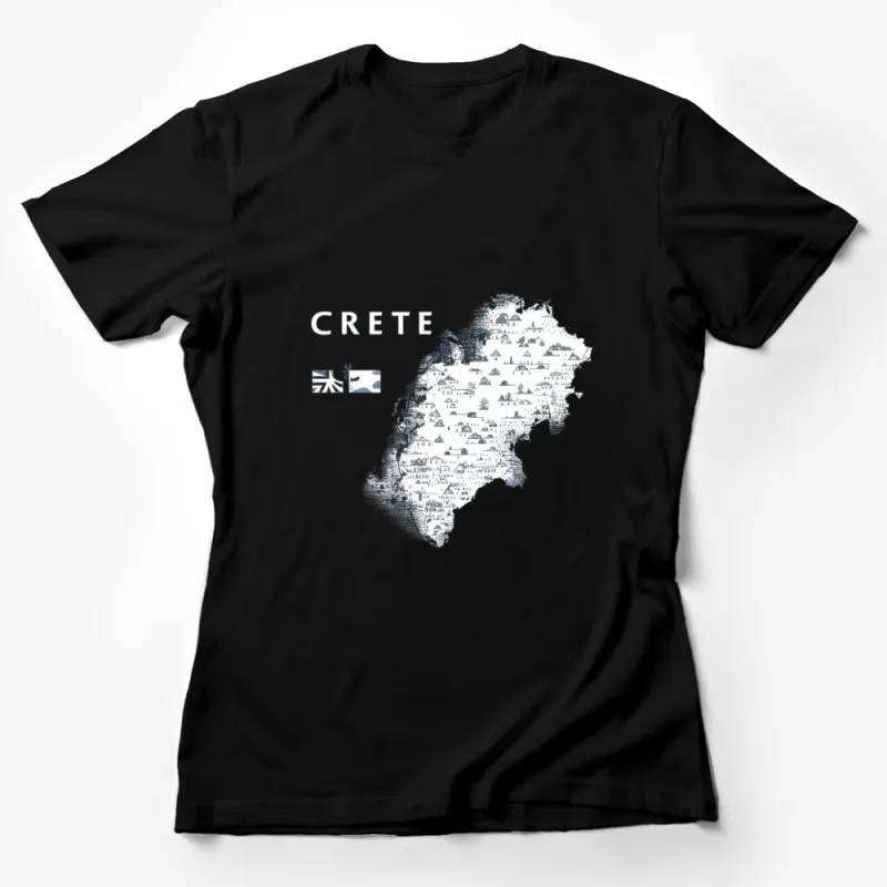 Crete Map Black T-Shirt, Vintage Graphic Tee, Greece Island Travel Shirt, Crete Flag and Map Design Souvenir Female T-Shirt