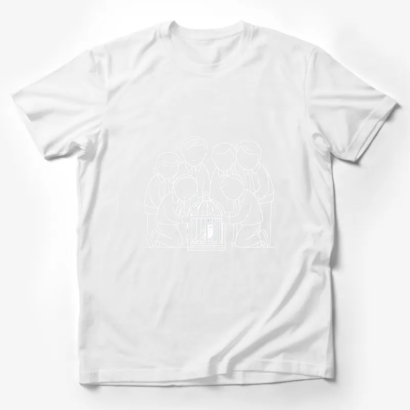 White Line Art T-Shirt, People Surrounding Bird Cage Design, Unique Graphic Tee, Unisex Style Male T-Shirt