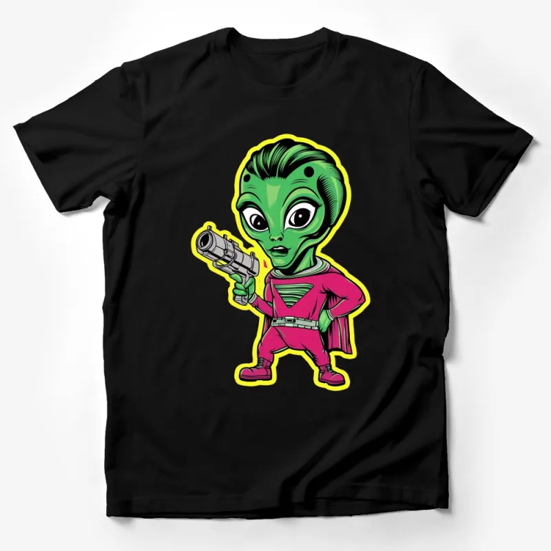 Alien Superhero T-Shirt, Cosmic Hero with Ray Gun, Vibrant Comic Art Tee, Unique Sci-Fi Apparel, Unisex Male T-Shirt