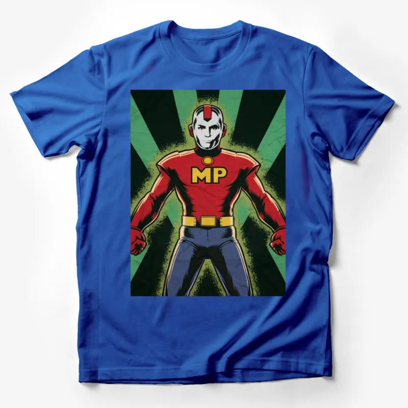 Vintage Superhero T-Shirt, Bold Graphic Tee, Comic Book Style, Red and Green Male T-Shirt