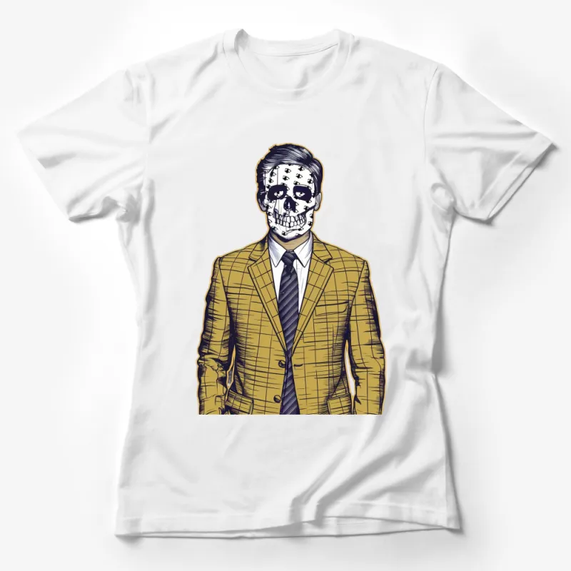 Skull Face Businessman Graphic T-Shirt, Unique Yellow Suit Skull Design, Cool Urban Streetwear Female T-Shirt