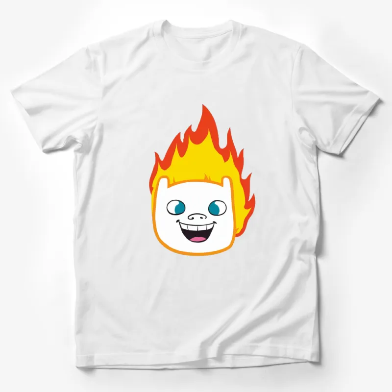 Colorful Flame Cartoon Face T-Shirt, Unisex Graphic Tee, Unique Fire Design Casual Wear Male T-Shirt