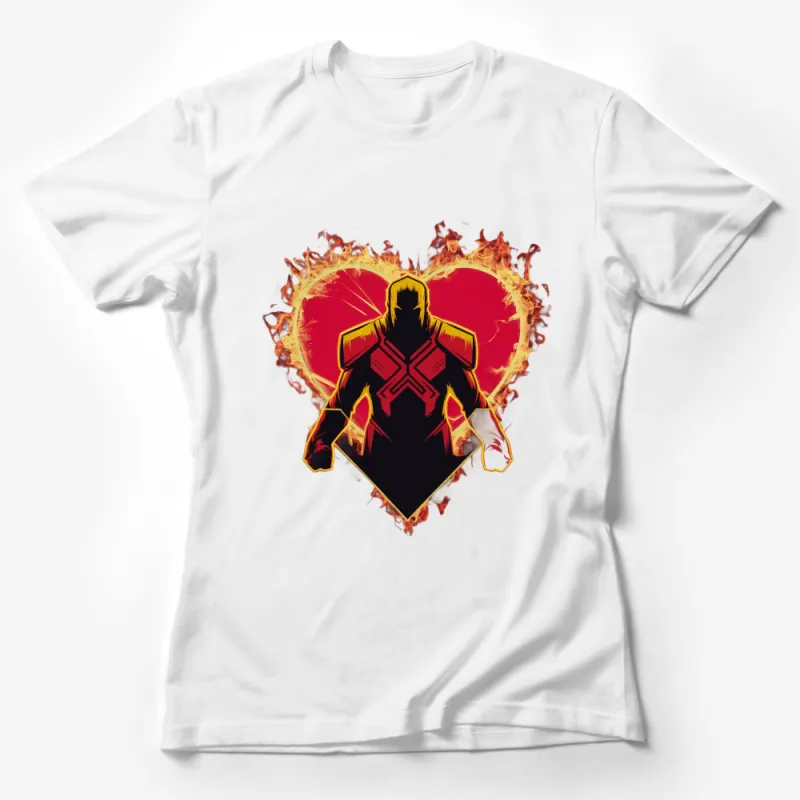 Superhero T-Shirt with Fiery Heart Graphic, Bold Red and Yellow, Unisex Tee Female T-Shirt