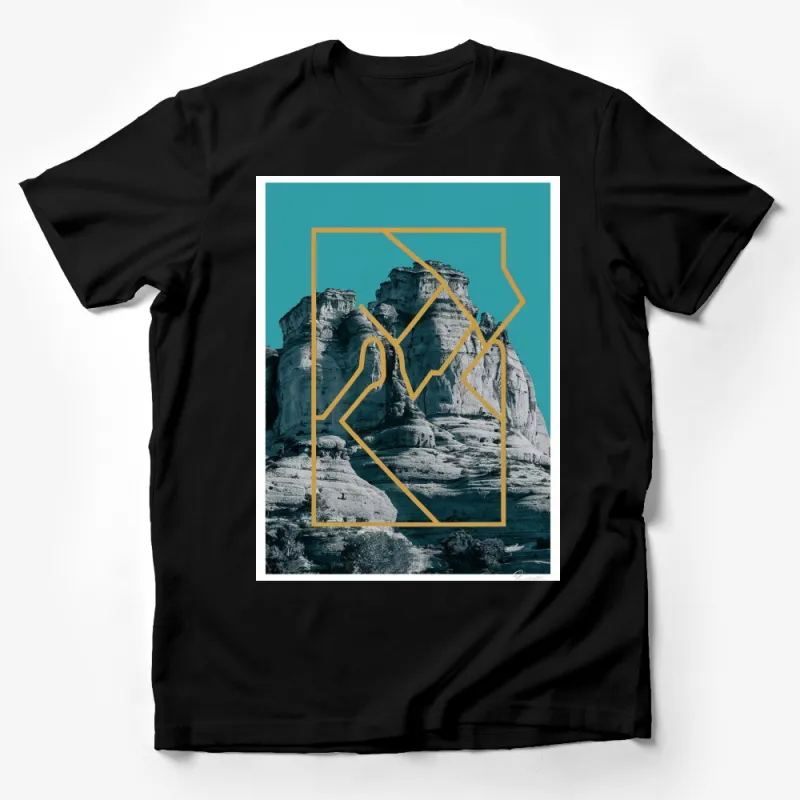 Abstract Geometric Landscape T-Shirt, Turquoise and Grey Mountain Design, Unique Artistic Graphic Tee, Modern Aesthetic Clothing Male T-Shirt