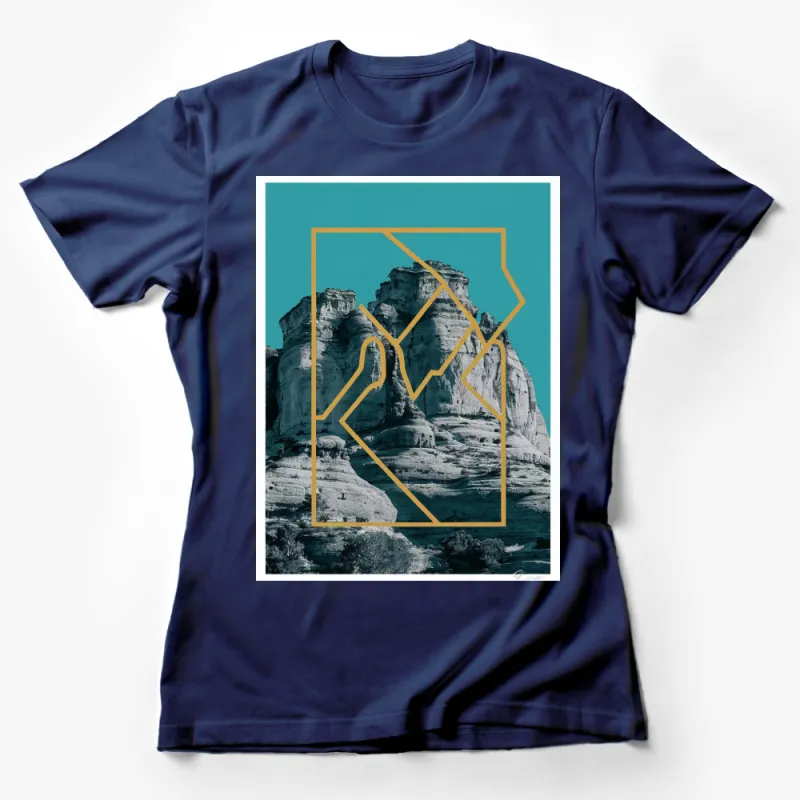 Abstract Geometric Landscape T-Shirt, Turquoise and Grey Mountain Design, Unique Artistic Graphic Tee, Modern Aesthetic Clothing Female T-Shirt