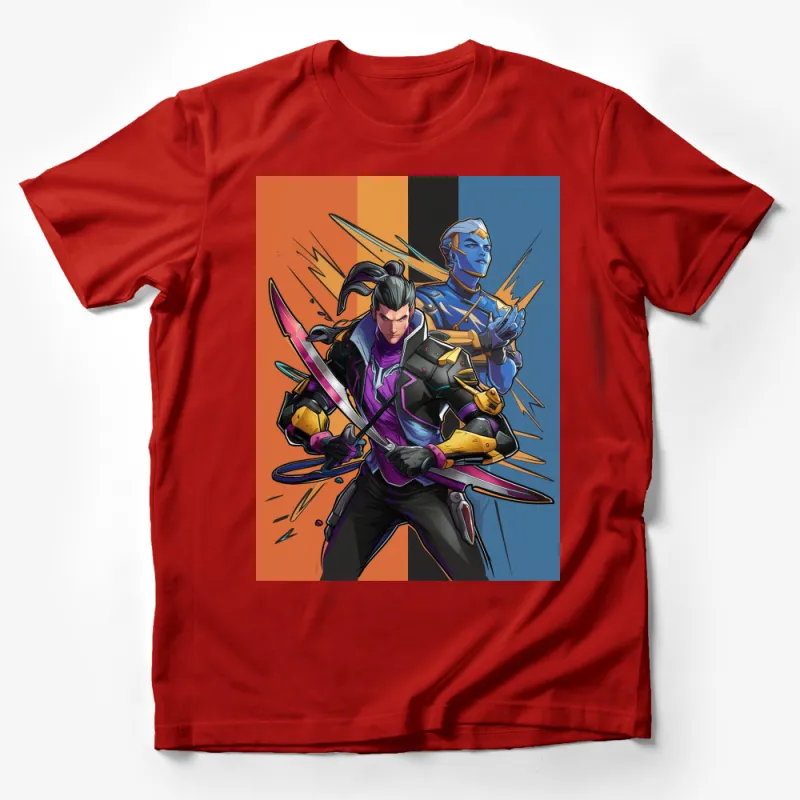 Dynamic Duo Warrior T-Shirt, Fantasy Cyber Heroes Graphic Tee, Vibrant Character Illustration Shirt Male T-Shirt