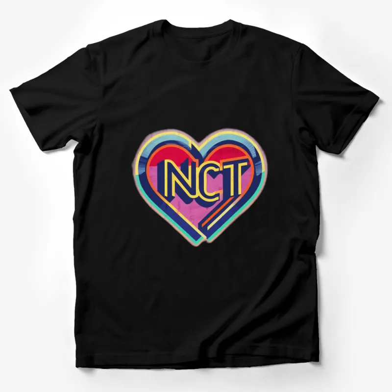 Colorful Heart Graphic T-Shirt, Bold NCTT Letters, Vibrant Casual Wear Male T-Shirt