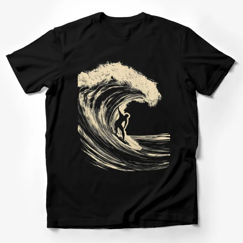 Abstract Ocean Wave Surfer Graphic T-Shirt, Gold and White Artistic Beach Wear Male T-Shirt