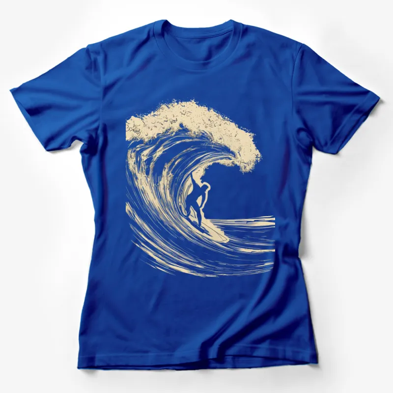 Abstract Ocean Wave Surfer Graphic T-Shirt, Gold and White Artistic Beach Wear Female T-Shirt