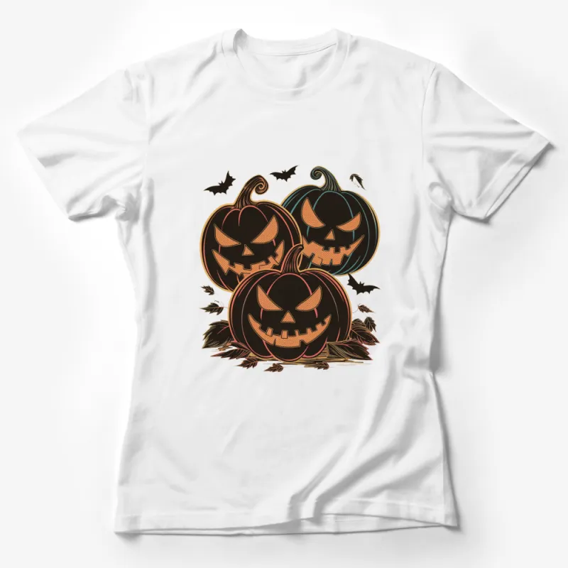 Halloween Jack-o'-Lanterns and Bats T-Shirt, Spooky Pumpkin Tee, Autumn Festival Apparel, Unique Fall Gift Idea Female T-Shirt