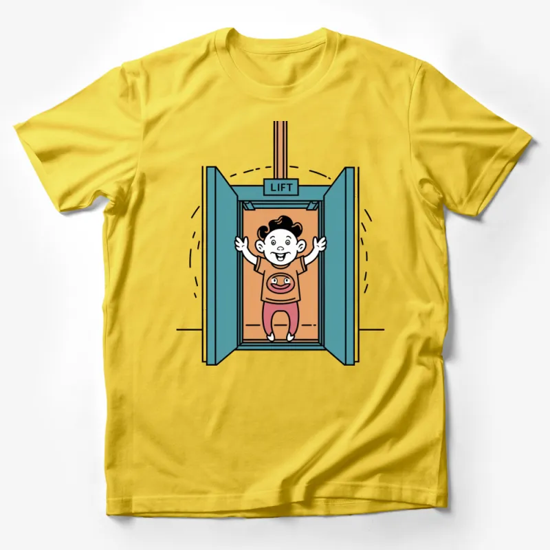 Cartoon Boy Elevator Lift Graphic T-Shirt, Cute Kid in Elevator Illustration, Casual Children's Tee, Gift for Boys and Girls Male T-Shirt