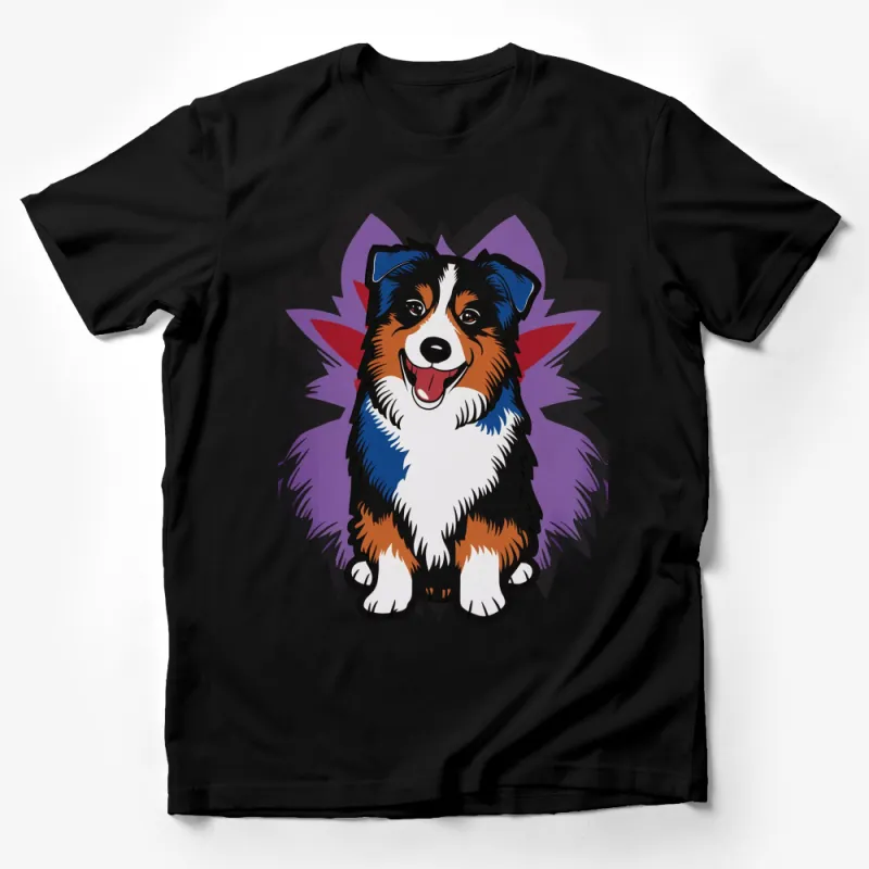 Australian Shepherd Dog T-Shirt, Colorful Dog Lover Tee, Cute Aussie Dog Art, Pet Owner Gift Male T-Shirt