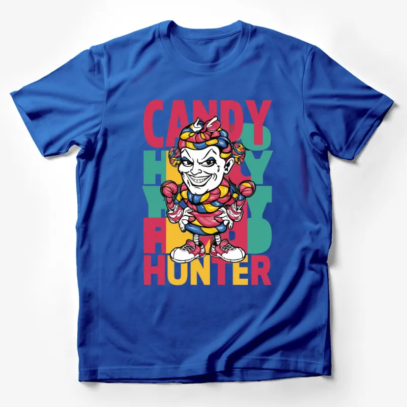 Colorful Candy Hunter Graphic T-Shirt, Retro Style Cartoon Character, Bold Typography Design Male T-Shirt