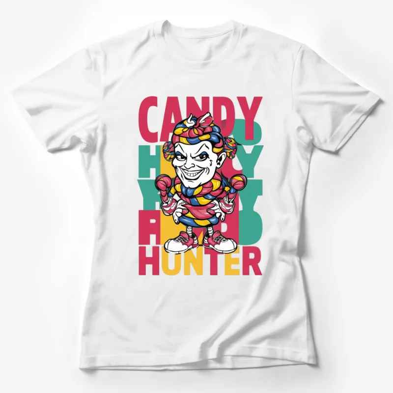 Colorful Candy Hunter Graphic T-Shirt, Retro Style Cartoon Character, Bold Typography Design Female T-Shirt