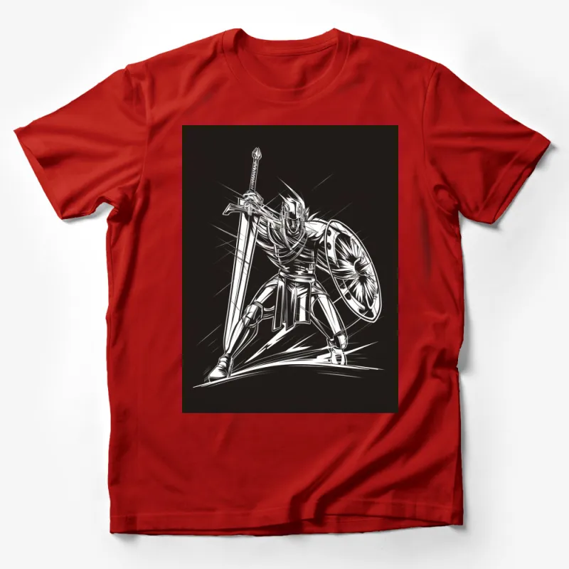 Medieval Knight Warrior Graphic T-Shirt, Vintage Armor Design Tee, Black and White Male T-Shirt