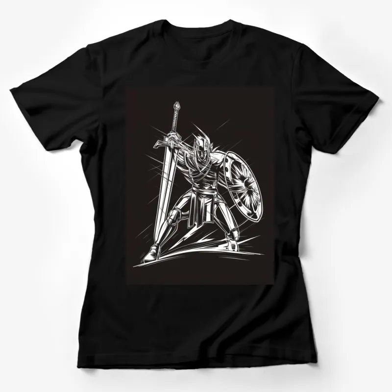 Medieval Knight Warrior Graphic T-Shirt, Vintage Armor Design Tee, Black and White Female T-Shirt